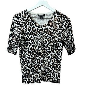 White House Black Market Leopard Print Short Sleeve Cardigan Sweater Women Sz S